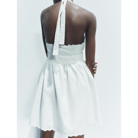 Zara White Cotton Eyelet Embroidered V-Neck Mini Halter Dress Lined Size Large - Picture 2 of 13